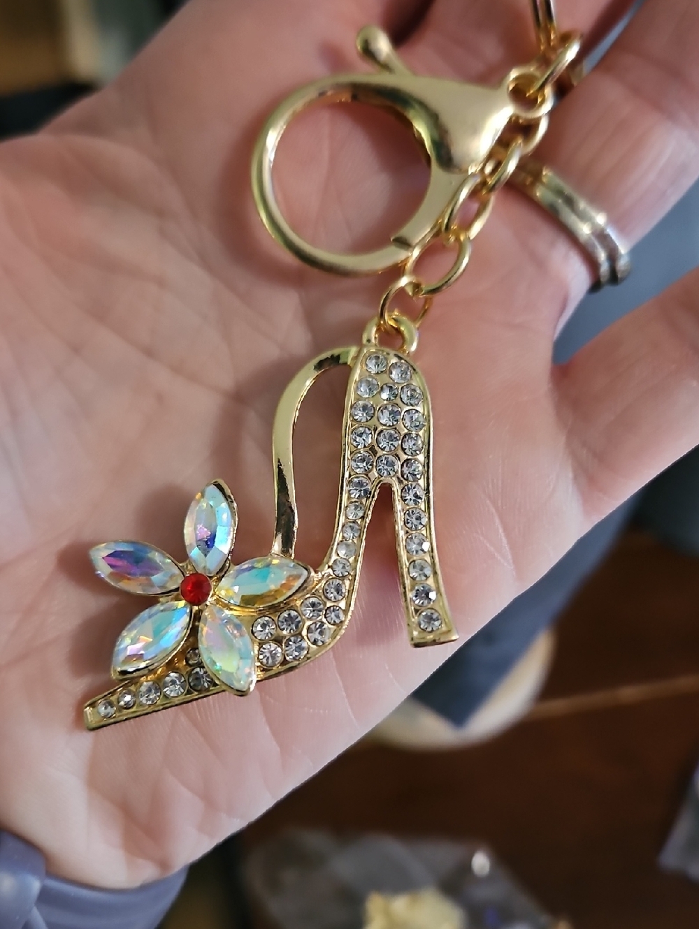 Gold Crystal High Heel Keychain with Iridescent Flower